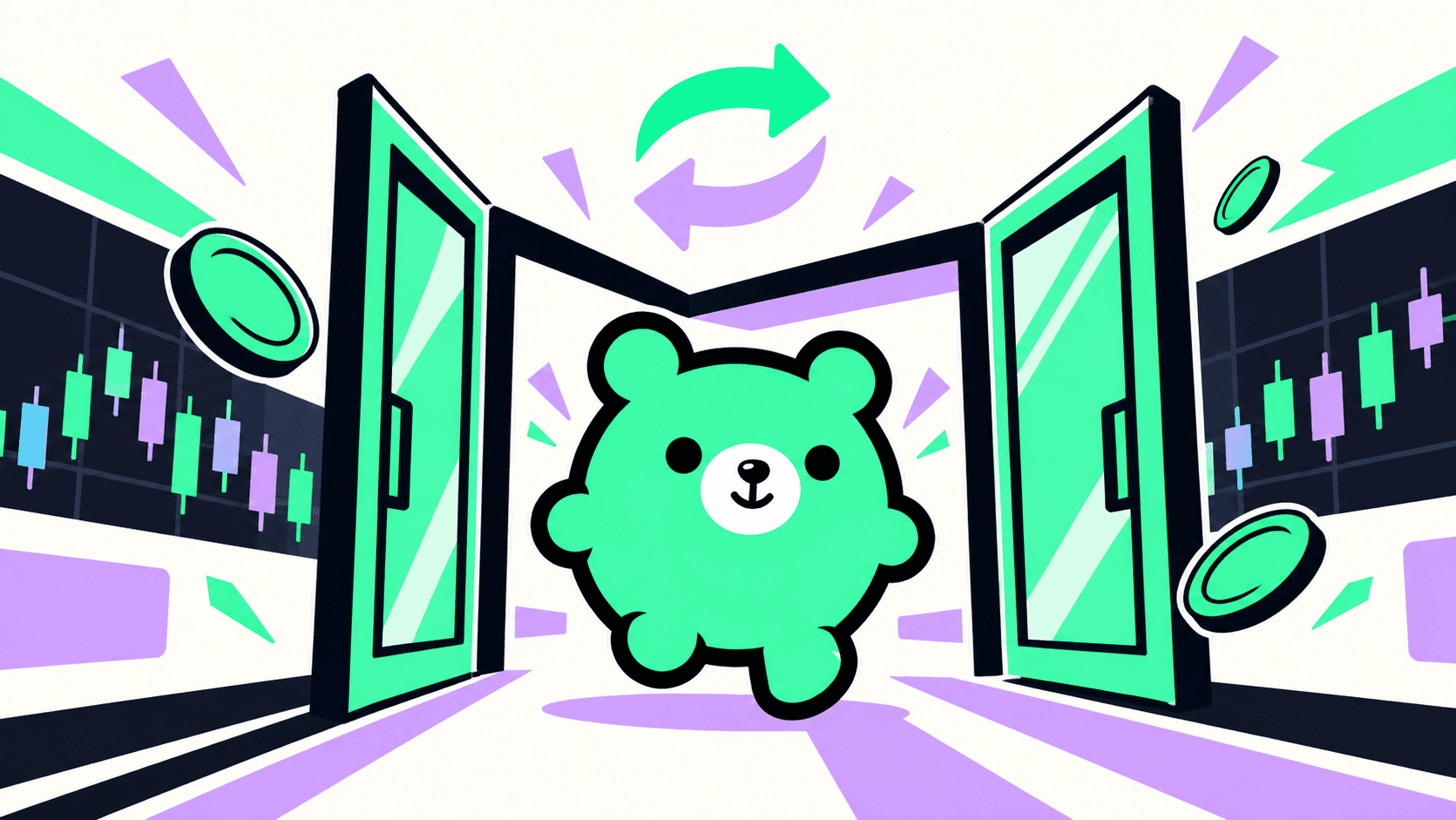 Illustration of green Varbear walking through open doors toward a RivrDEX market, with green and lavender trading graphics
