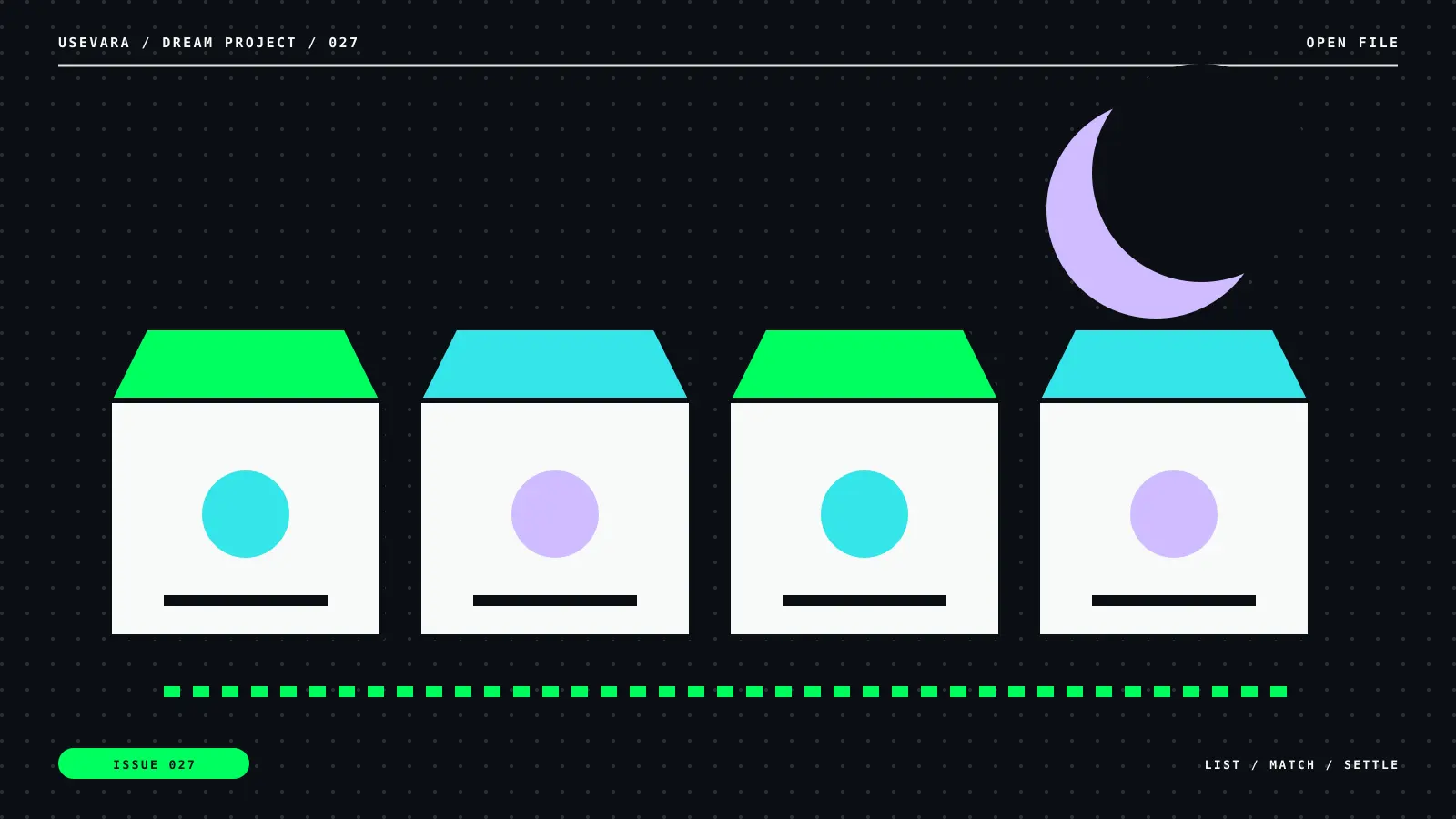 Editorial illustration for Dream Project: A Marketplace That Runs While Everyone Is Asleep: night market motif with list, match, settle labels.