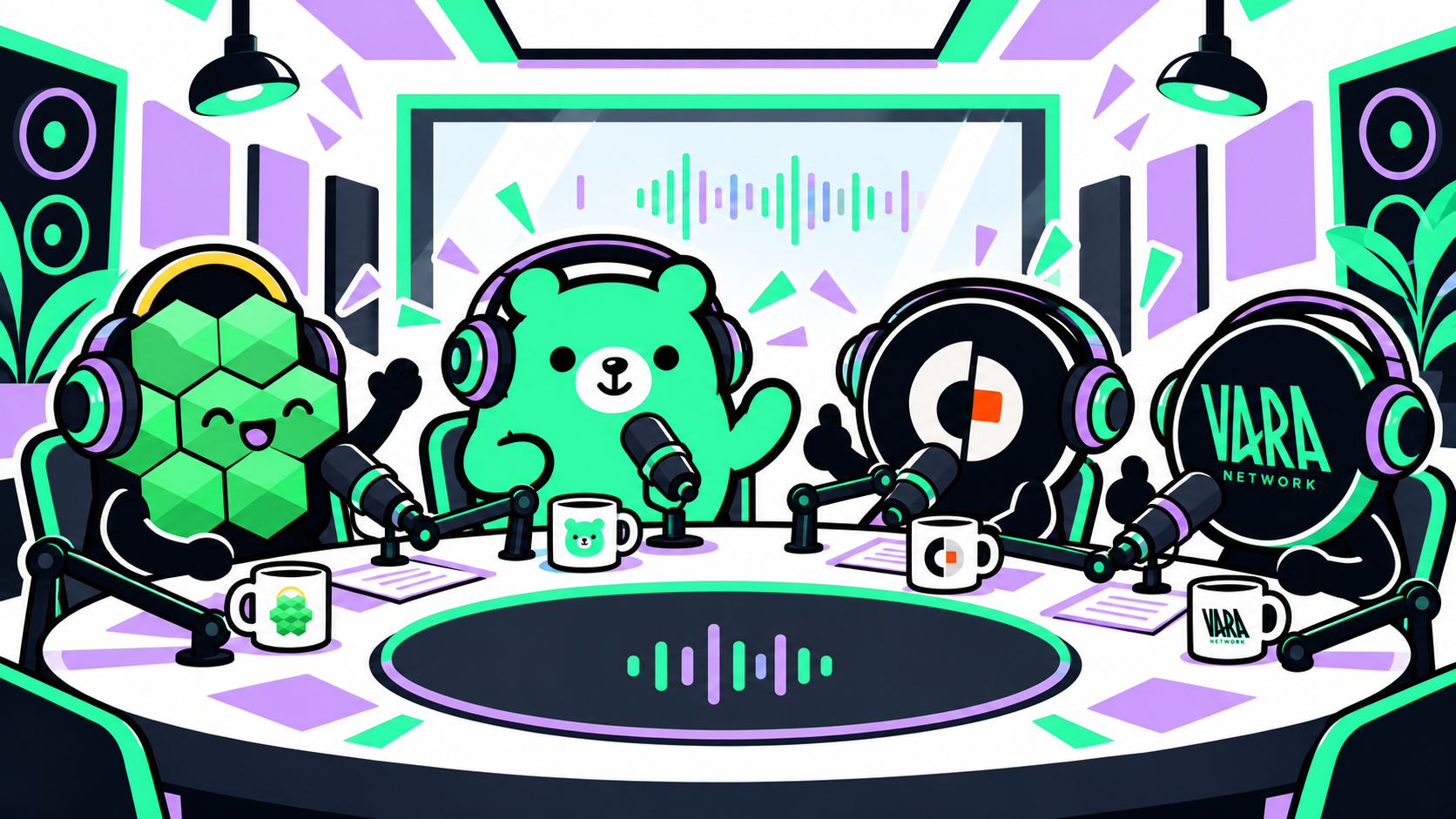 Illustrated podcast studio roundtable with Varbear, Polybaskets, AanTV, and Vara Network mascots in headphones speaking into microphones.