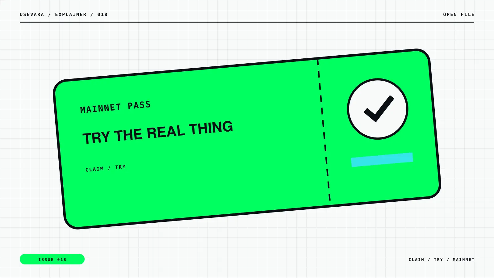 Editorial illustration for A Little Mainnet VARA to Try Something Weird: pass motif with claim, try, mainnet labels.