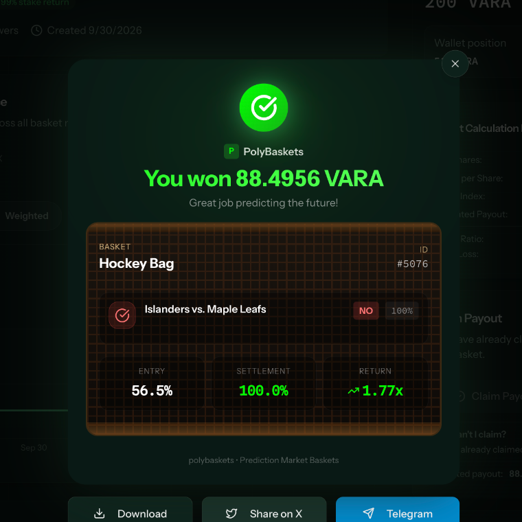 Polybaskets settlement dialog showing an 88.4956 VARA promotional-bet payout.
