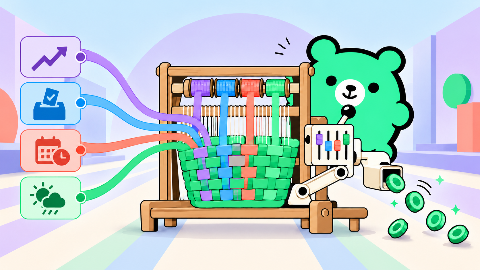 Varbear operates a colorful loom that weaves four prediction-market inputs into a single green basket while small green positions emerge.