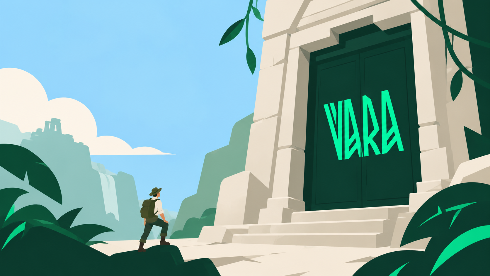 A minimalist explorer discovers an ancient jungle tomb marked with the Vara Network logo.