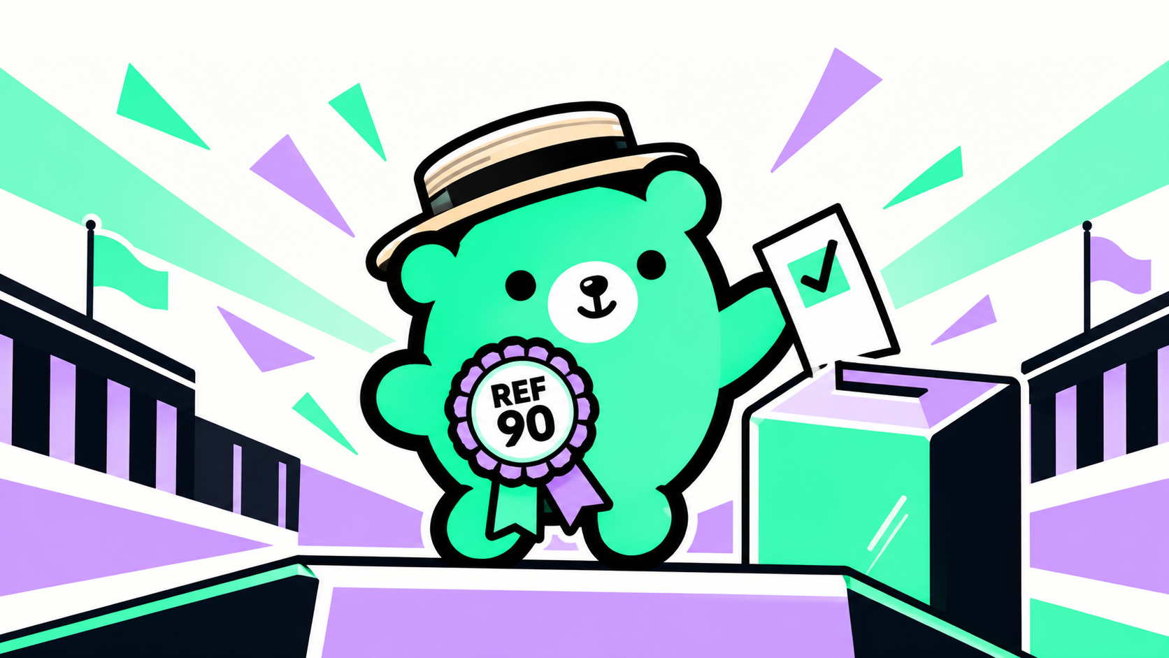 Varbear wearing a REF 90 rosette and placing a marked ballot into a ballot box.