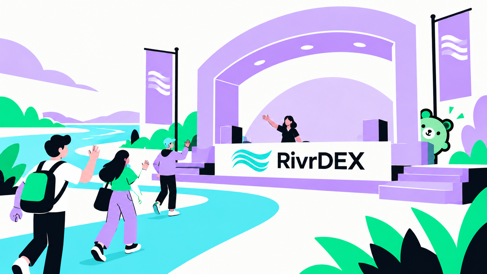 Editorial illustration of a woman welcoming visitors to a lavender RivrDEX stage, with an aqua path, green foliage, and Varbear peeking around the side.