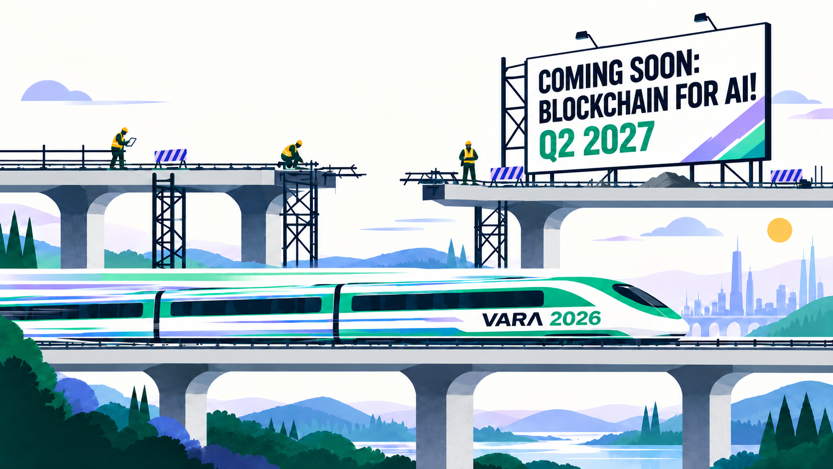 A completed VARA 2026 bullet train passes beneath a second rail line still under construction beside a Coming Soon: Blockchain for AI — Q2 2027 sign.