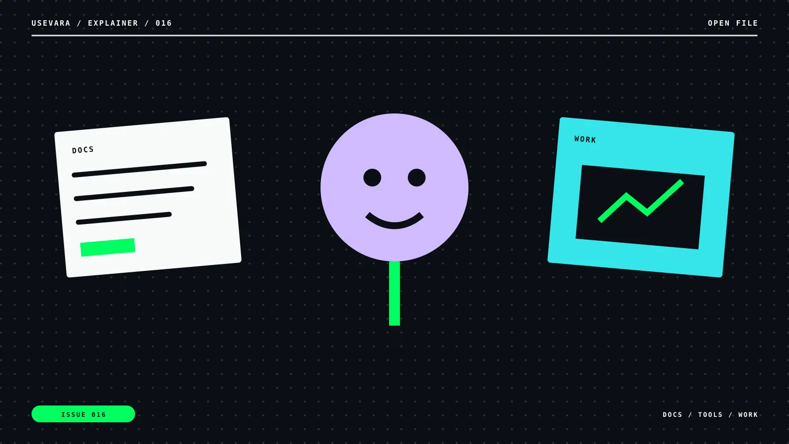 Editorial illustration for Vara Is Building a Place for Agents to Work: agent motif with docs, tools, work labels.