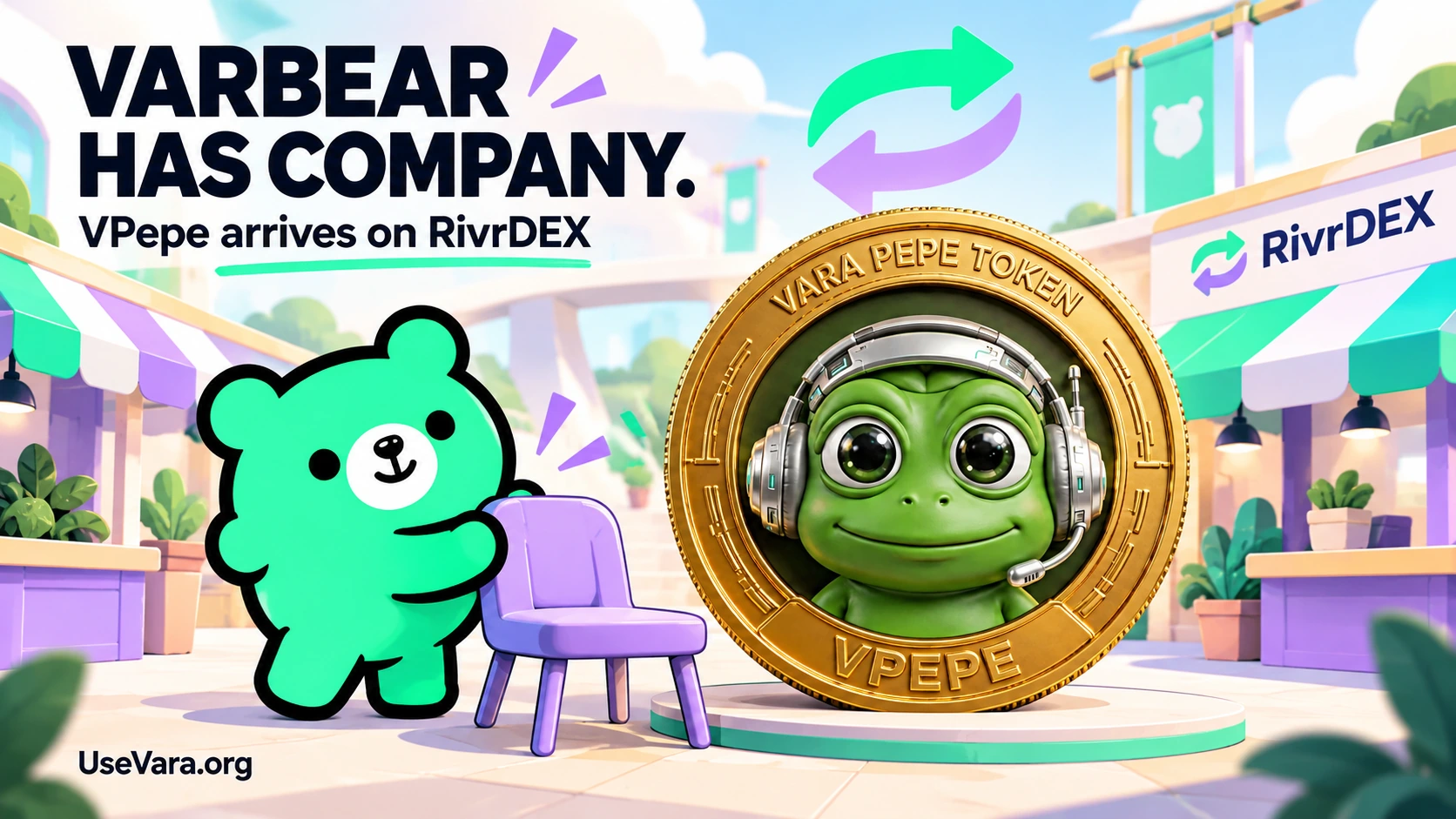 Green Varbear pulls out a lavender chair beside VPepe’s gold frog-logo coin in a bright market plaza. The heading reads “Varbear has company.”