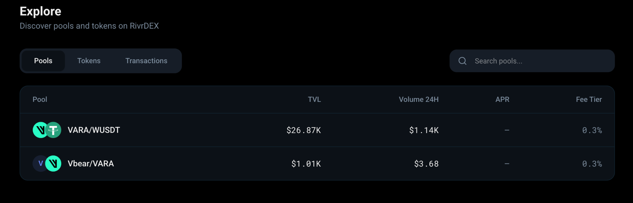 RivrDEX’s pool directory showing Vbear/VARA alongside VARA/wUSDT.