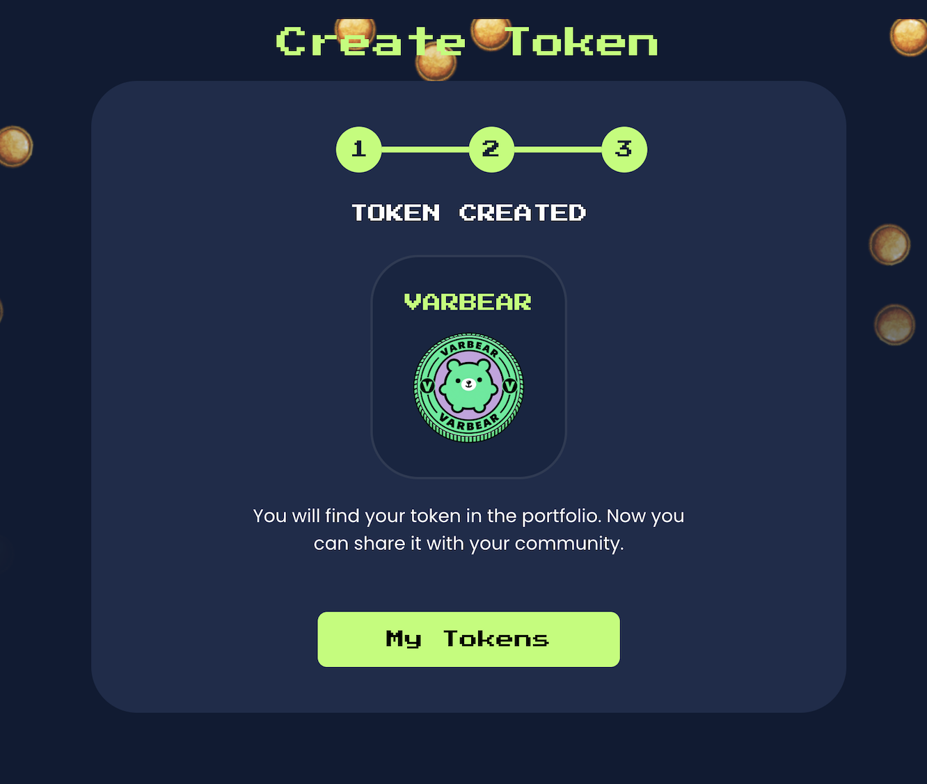 Tokenator success screen showing the Varbear token created on Vara mainnet.